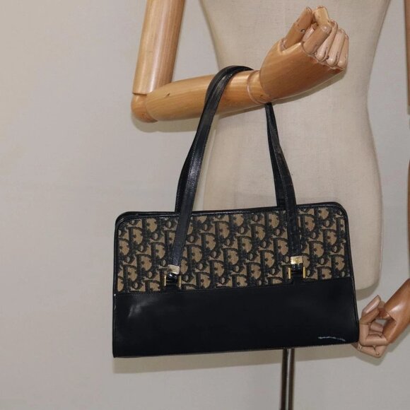 Christian Dior Trotter Canvas Hand Bag Navy Gold Auth - Picture 1 of 15